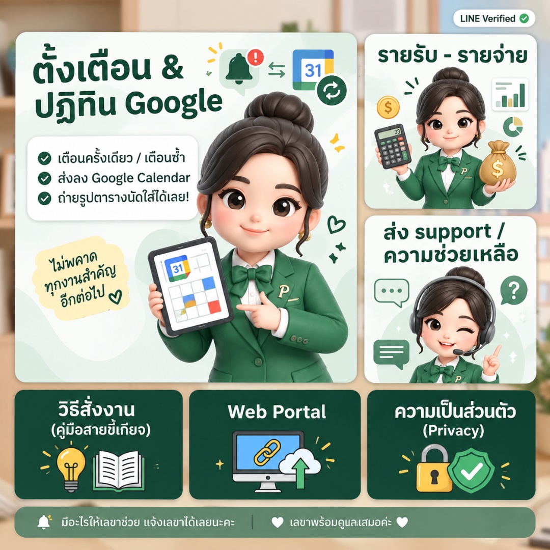 สรุปสิ่งที่เลขาทำได้ — ตั้งเตือนและปฏิทิน Google, รายรับ-รายจ่าย, ส่ง support, วิธีสั่งงาน, เว็บพอร์ทัล และความเป็นส่วนตัว